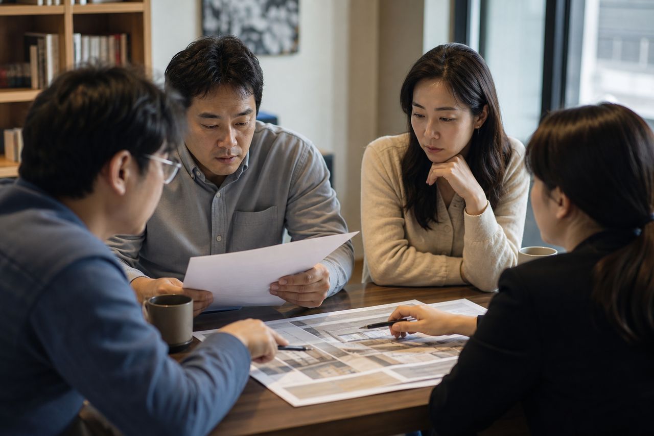 지역주택조합 업무대행사가 계약 해지를 거부할 때 대처법 관련 상황을 보여주는 이미지 — 서류를 검토하는 모습