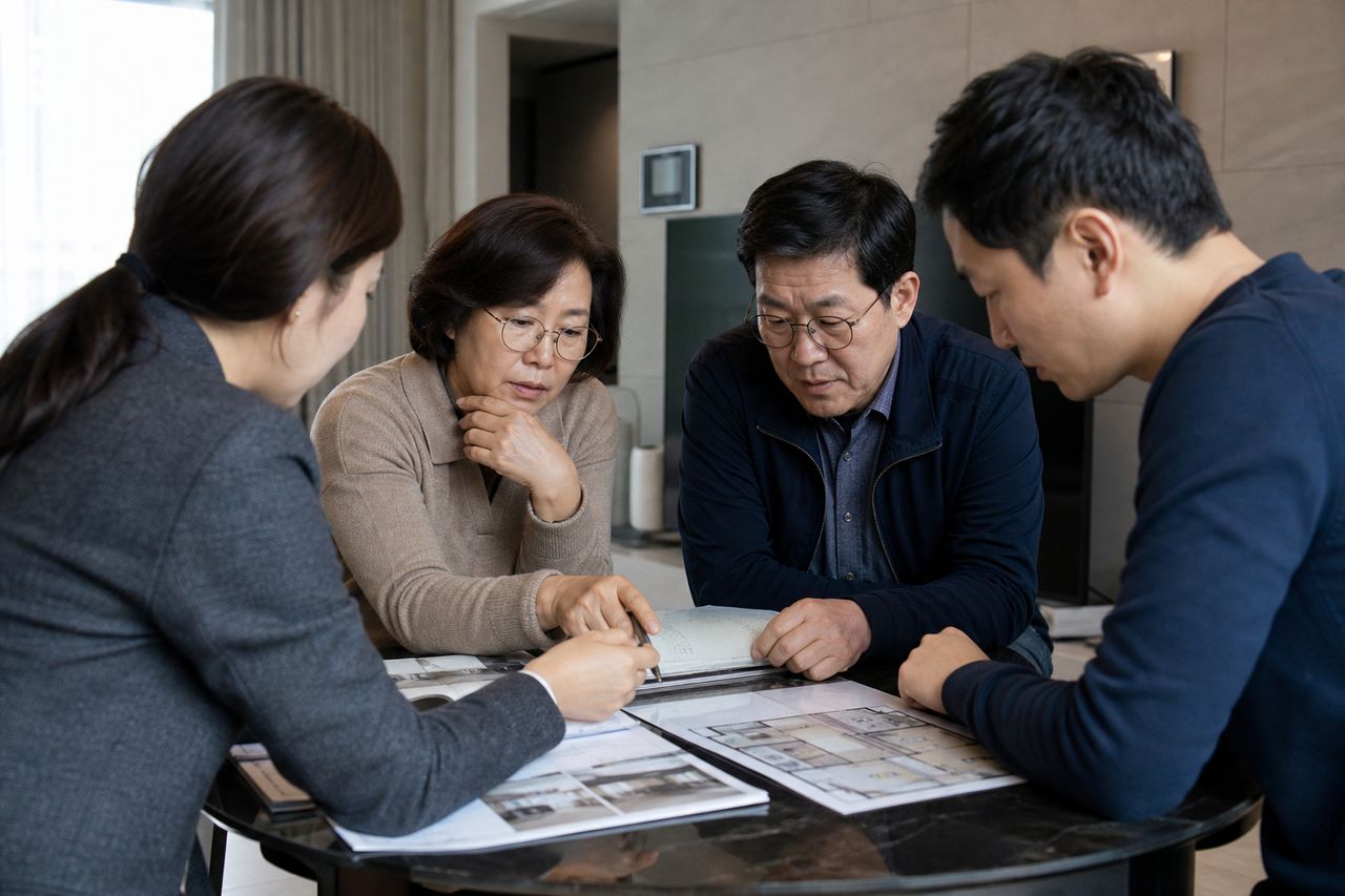 공사비 1억 추가분담금 청구서 날아왔는데 총회 결의 절차가 의심스럽다 — 총회 의결 정족수 흠결·온라인 총회 본인 확인 오류로 결의 무효 다툰 최근 하급심 판결 5선 관련 상황을 보여주는 이미지 — 서류를 검토하는 모습