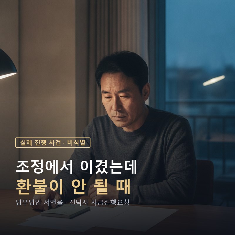 (가칭)송파역지역주택조합 탈퇴 조정 승소 후에도 환불이 안 된 이유｜신탁사 자금집행요청 사례 — 이해를 돕기 위한 연출 이미지